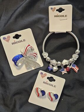 Silver Tone Nicole USA Flag Jewelry Set Bracelet Earrings Brooch Clear Crystal